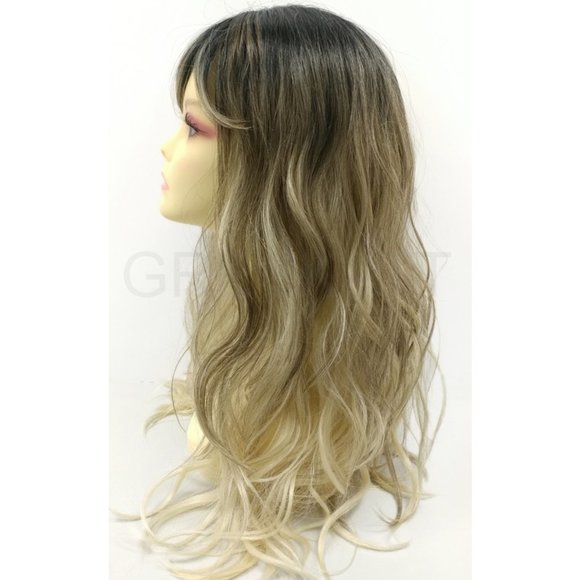 Blonde long wavy heat resistant wig with bangs